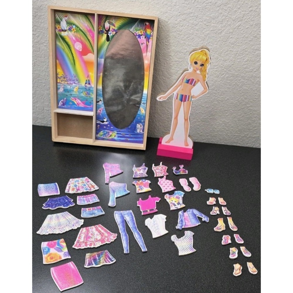 19pc Lisa Frank Wooden Doll Magnetic Paper Dolls Box Dress Up Girly Play Y2K